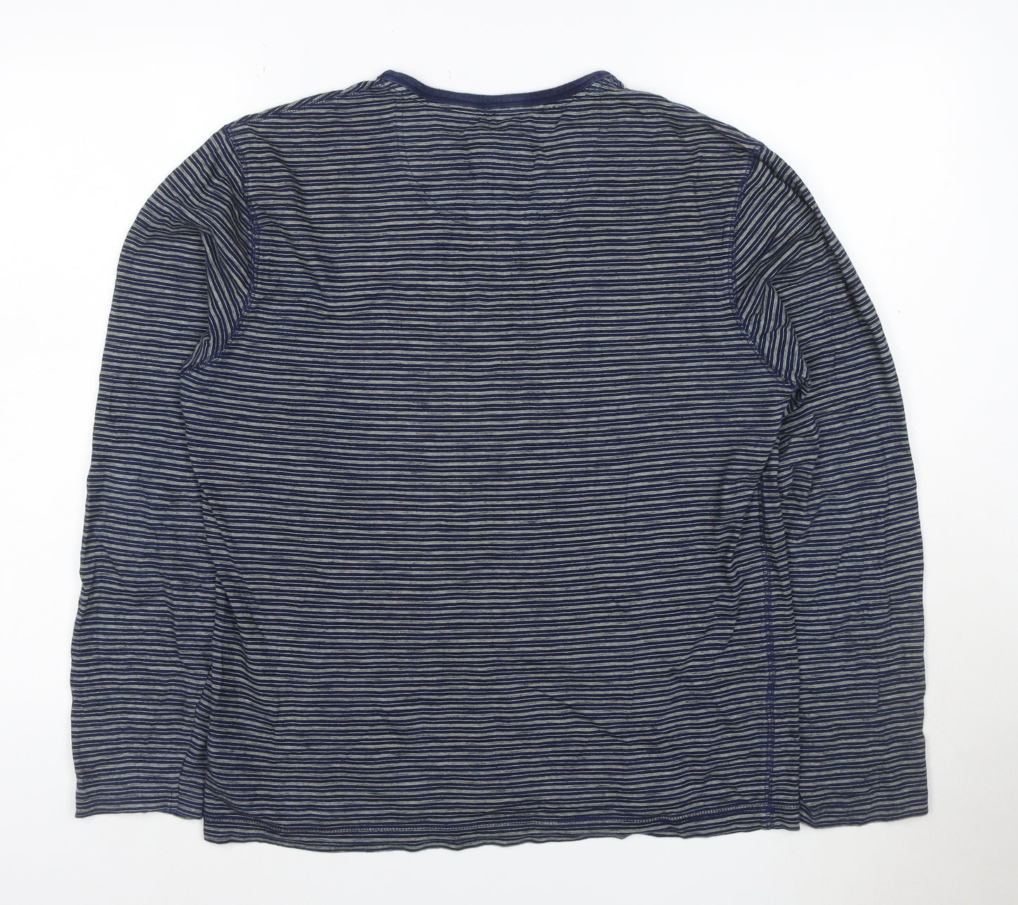 Marks and Spencer Men's Blue Striped Long Sleeve Henley T-Shirt Medium