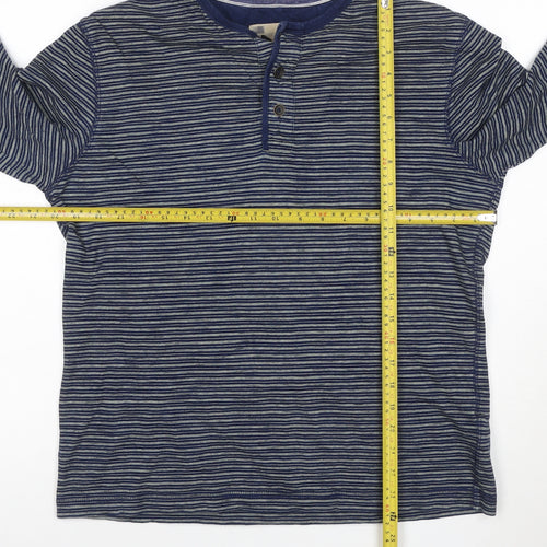 Marks and Spencer Men's Blue Striped Long Sleeve Henley T-Shirt Medium