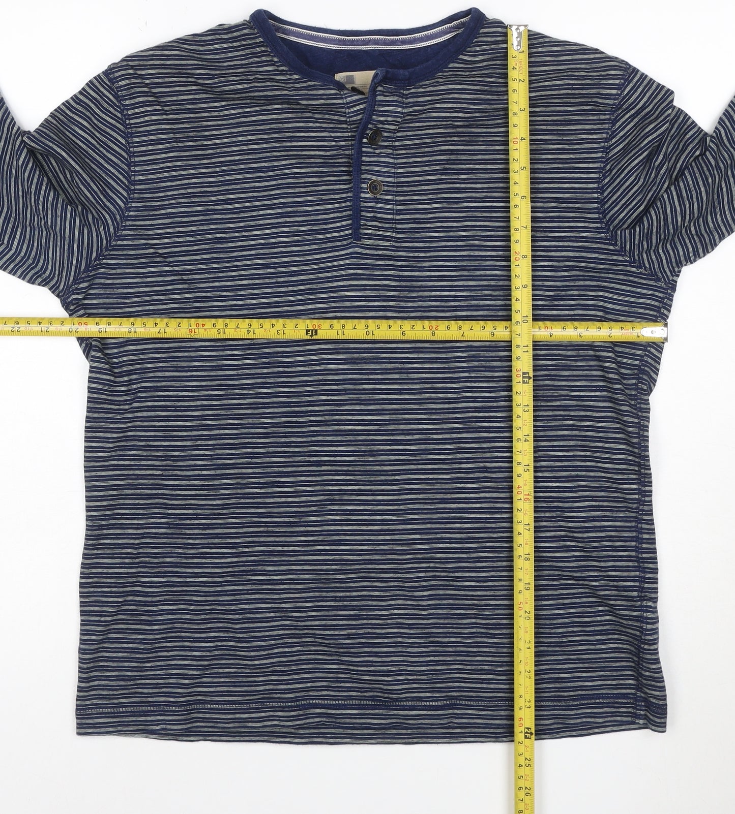 Marks and Spencer Men's Blue Striped Long Sleeve Henley T-Shirt Medium