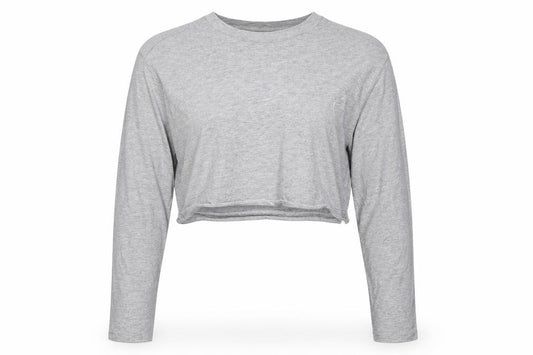 Front view of Collusion Women's Grey Cropped Long Sleeve Jersey T-Shirt, size 6