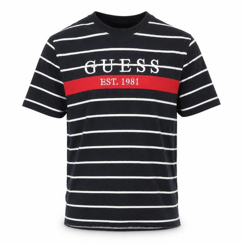 Guess Men's Blue Striped Logo Crew Neck T-Shirt XL