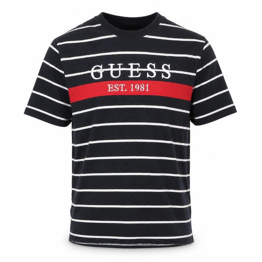 Guess Men's Blue Striped Logo Crew Neck T-Shirt XL