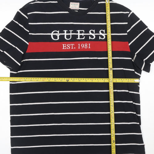 Guess Men's Blue Striped Logo Crew Neck T-Shirt XL