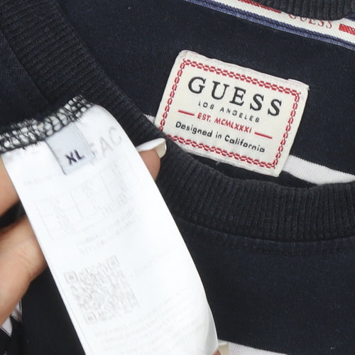 Guess Men's Blue Striped Logo Crew Neck T-Shirt XL