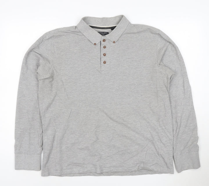 Brave Soul London Men's Grey Long Sleeve Polo Shirt XL Classic Fit