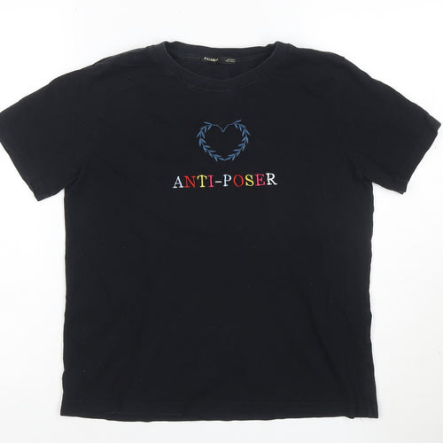 Pull&Bear Women Black Anti-Poser Embroidered Cotton T-Shirt S