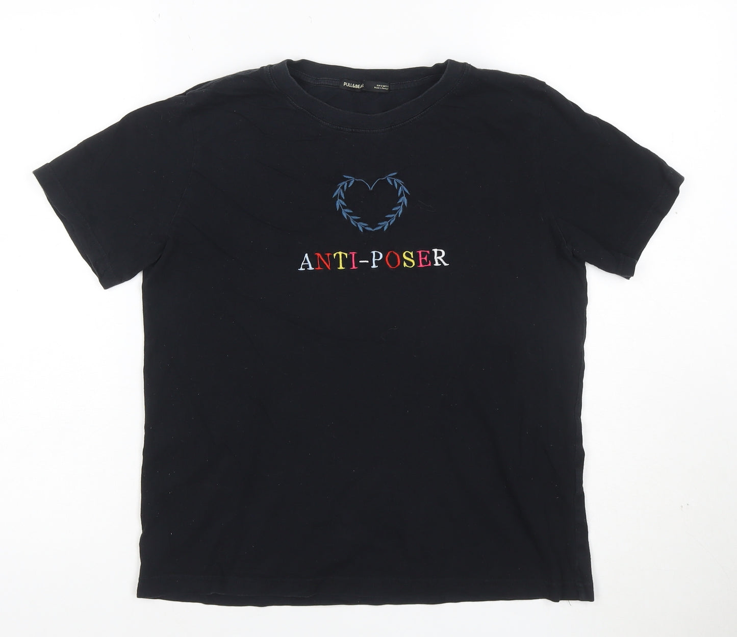 Pull&Bear Women Black Anti-Poser Embroidered Cotton T-Shirt S