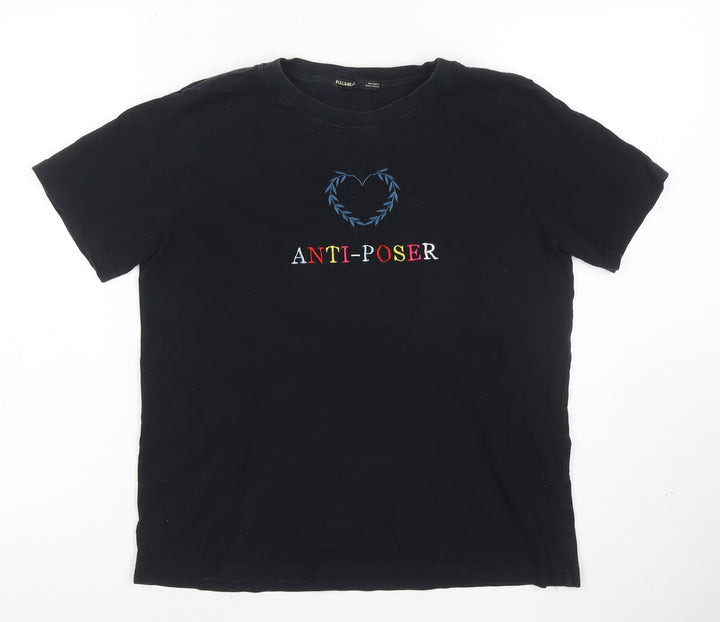 Pull&Bear Women Black Anti-Poser Embroidered Cotton T-Shirt S