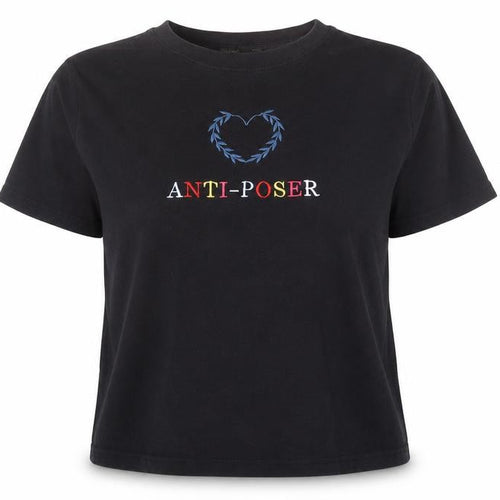 Pull&Bear Women Black Anti-Poser Embroidered Cotton T-Shirt S