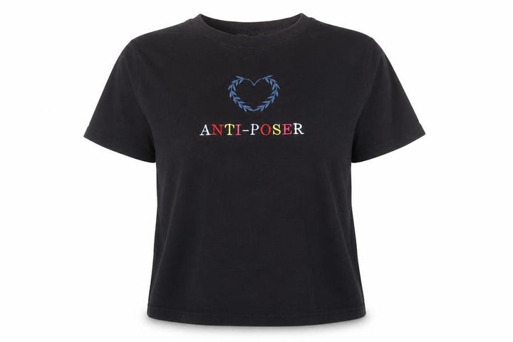 Pull&Bear Women Black Anti-Poser Embroidered Cotton T-Shirt S