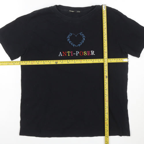 Pull&Bear Women Black Anti-Poser Embroidered Cotton T-Shirt S