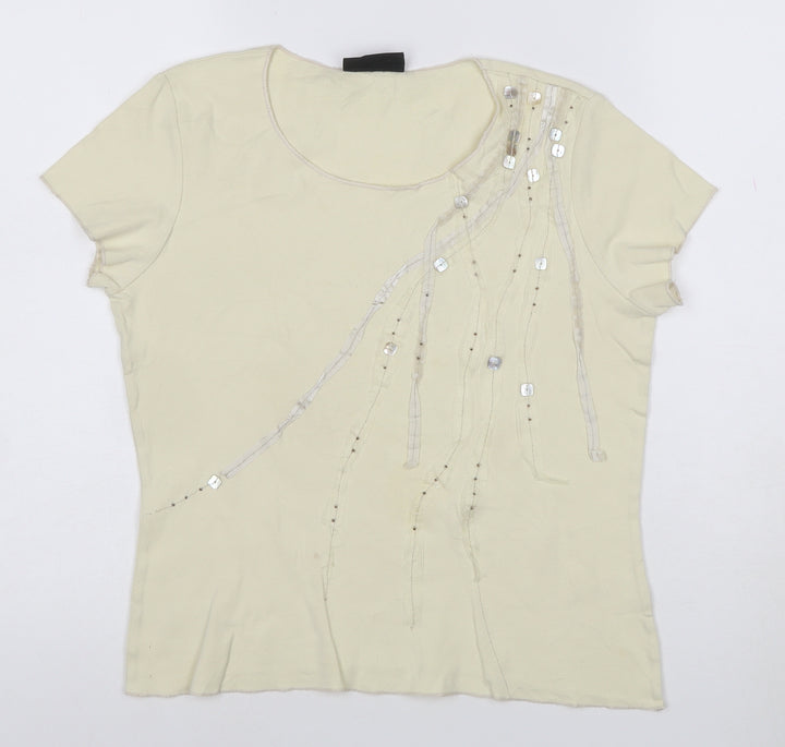 Principles Women's Beige Sequin Short Sleeve Cotton T-Shirt Size 14