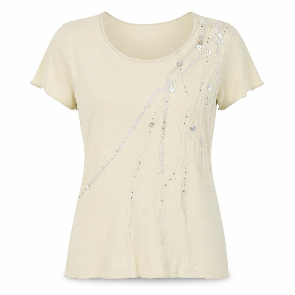 Front view of Principles Women's Beige Sequin Short Sleeve Cotton T-Shirt, size 14