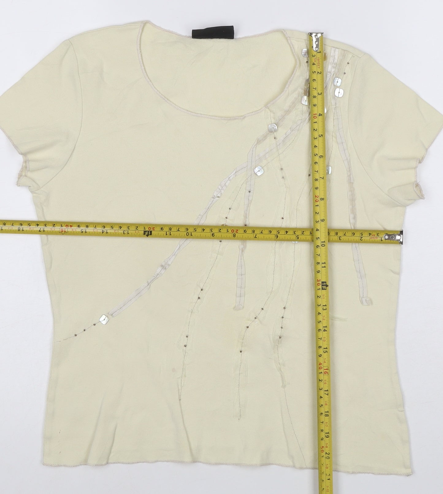 Principles Women's Beige Sequin Short Sleeve Cotton T-Shirt Size 14