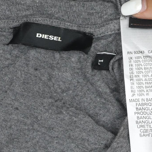 Diesel Women Grey Cotton Logo T-Shirt L Casual Short Sleeve