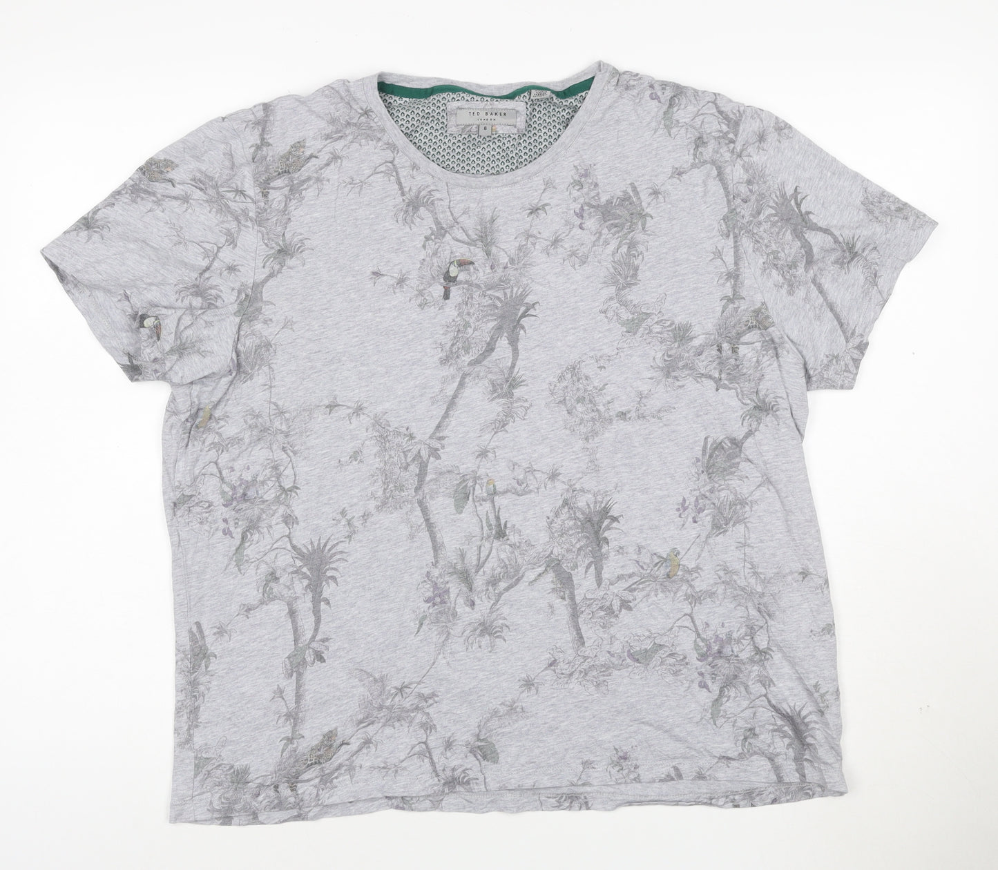 Ted Baker London Men's Grey Bird Print Crew Neck Cotton T-Shirt Size 6 (XXL)