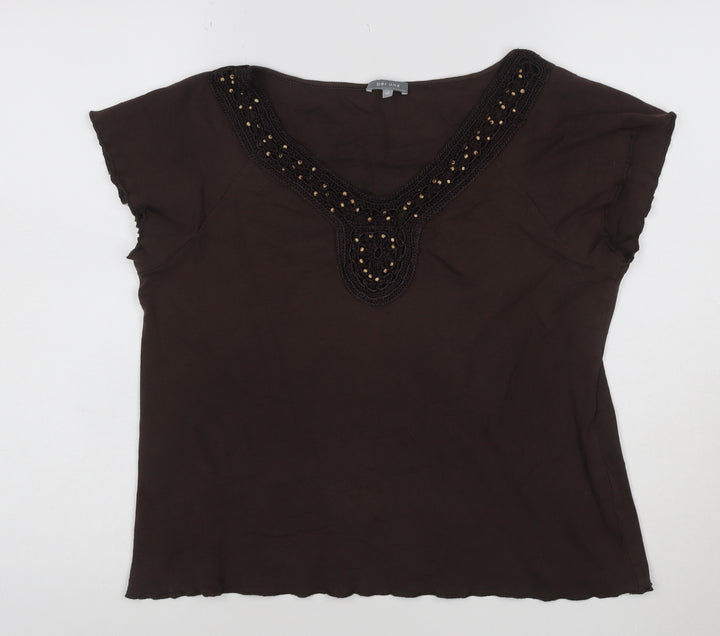 Marks and Spencer Per Una Women's Brown Beaded V-Neck Tunic Blouse Size 18
