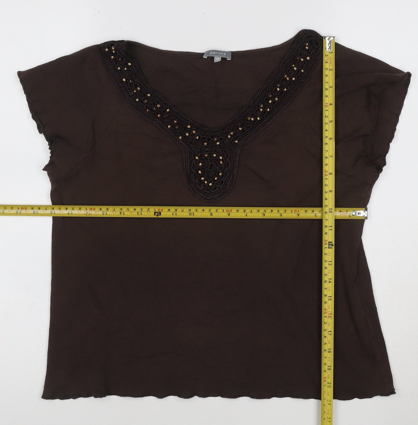 Marks and Spencer Per Una Women's Brown Beaded V-Neck Tunic Blouse Size 18