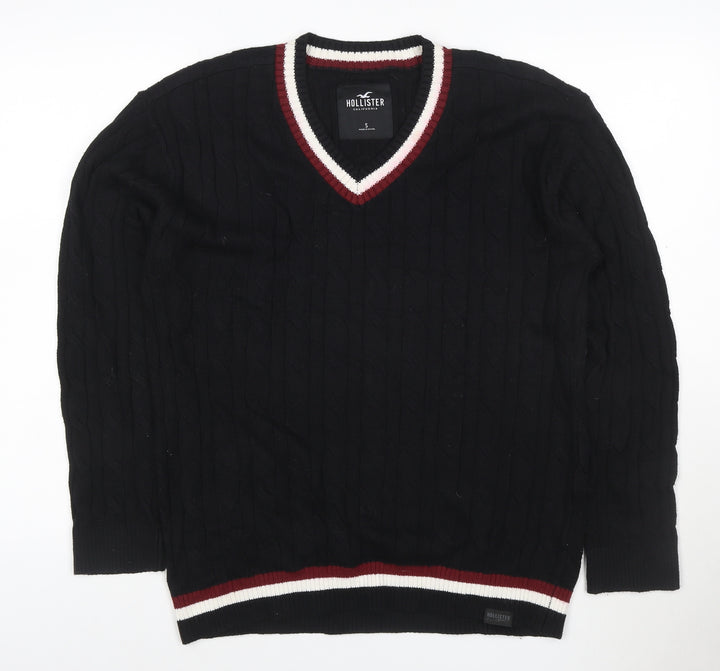 Hollister Men's Black Cable-Knit V-Neck Jumper Size S
