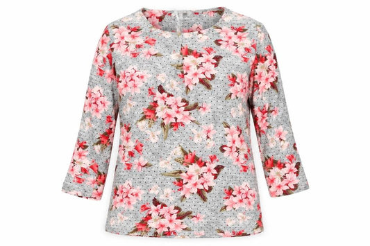 Front view of Pebble Bay women’s grey floral long sleeve jersey tunic top, size UK 12