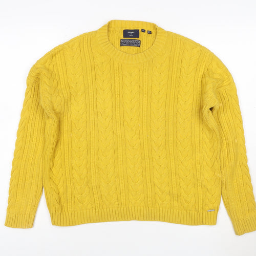 Superdry Women's Yellow Cable-Knit Cotton Pullover Jumper Size 4