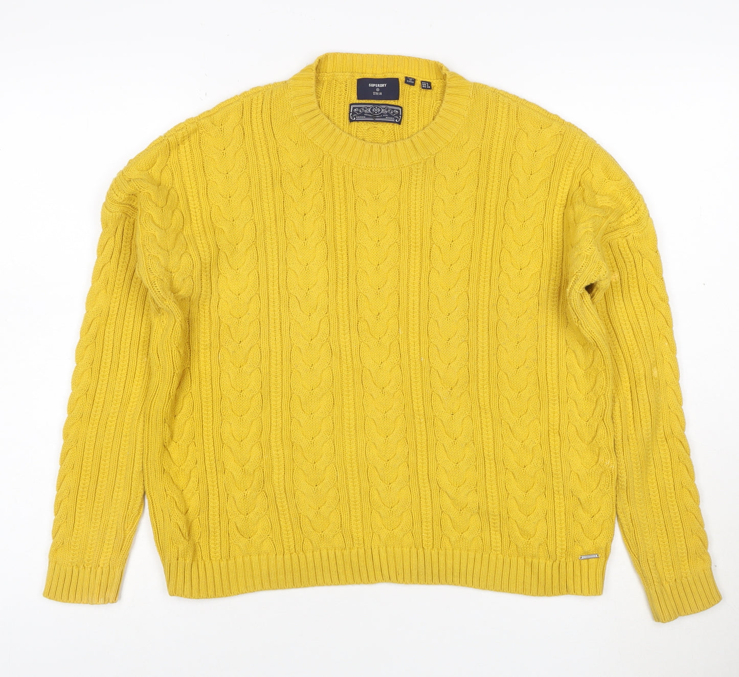 Superdry Women's Yellow Cable-Knit Cotton Pullover Jumper Size 4