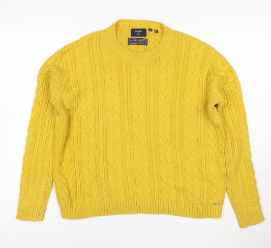 Superdry Women's Yellow Cable-Knit Cotton Pullover Jumper Size 4