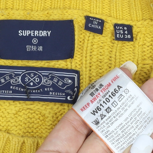 Superdry Women's Yellow Cable-Knit Cotton Pullover Jumper Size 4