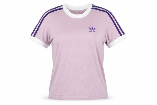 Front view of Adidas women’s pink ringer t-shirt, size UK 10, short sleeve cotton
