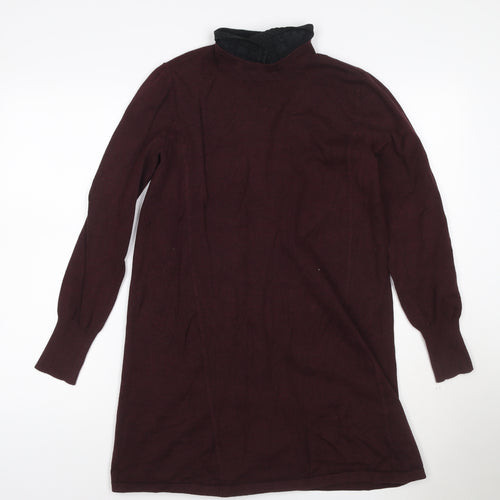 Oasis Womens Brown Shift Knit Dress Size 10 Long Sleeve High Neck