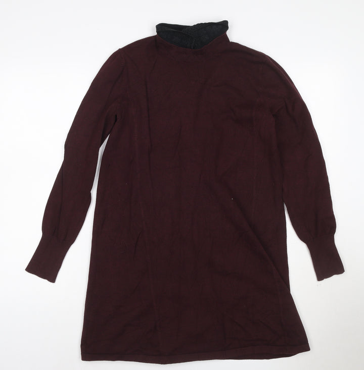 Oasis Womens Brown Shift Knit Dress Size 10 Long Sleeve High Neck