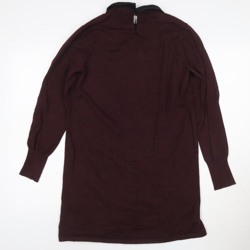 Oasis Womens Brown Shift Knit Dress Size 10 Long Sleeve High Neck