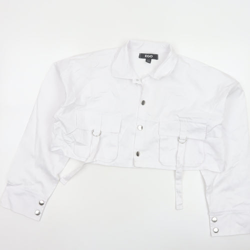 EGO Women's White Cropped Bomber Jacket UK 10 Cotton Blend