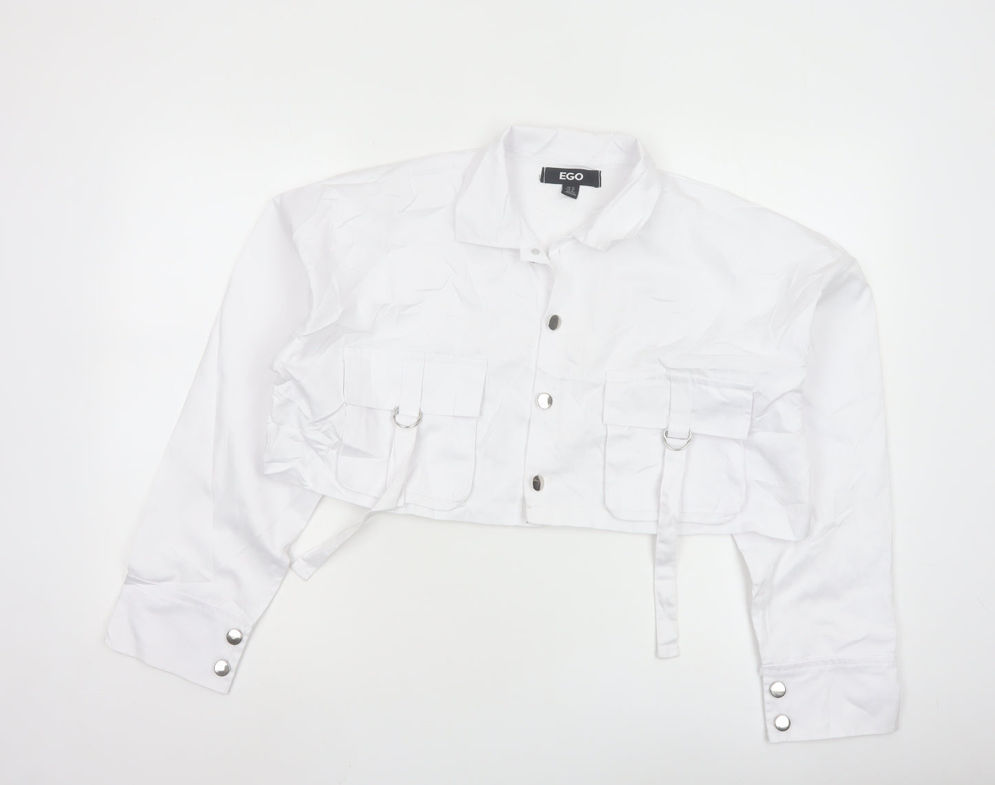 EGO Women's White Cropped Bomber Jacket UK 10 Cotton Blend