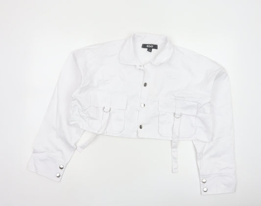 EGO Women's White Cropped Bomber Jacket UK 10 Cotton Blend