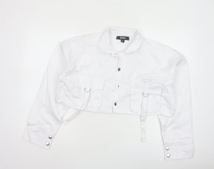 EGO Women's White Cropped Bomber Jacket UK 10 Cotton Blend
