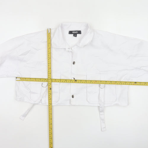 EGO Women's White Cropped Bomber Jacket UK 10 Cotton Blend