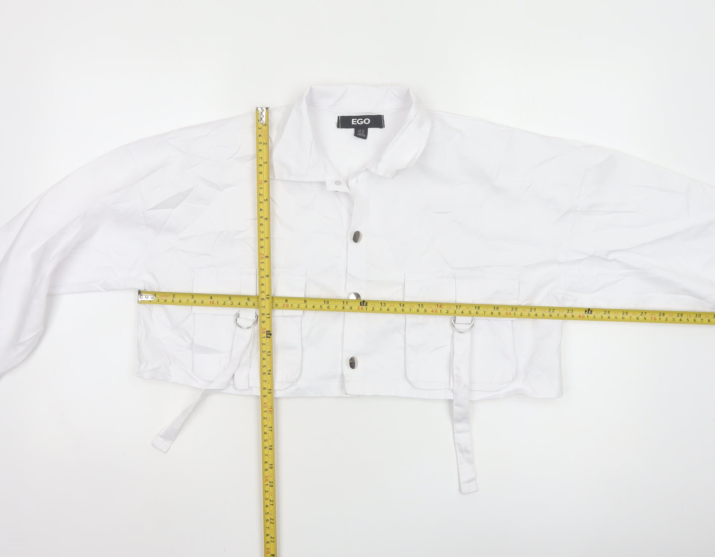 EGO Women's White Cropped Bomber Jacket UK 10 Cotton Blend