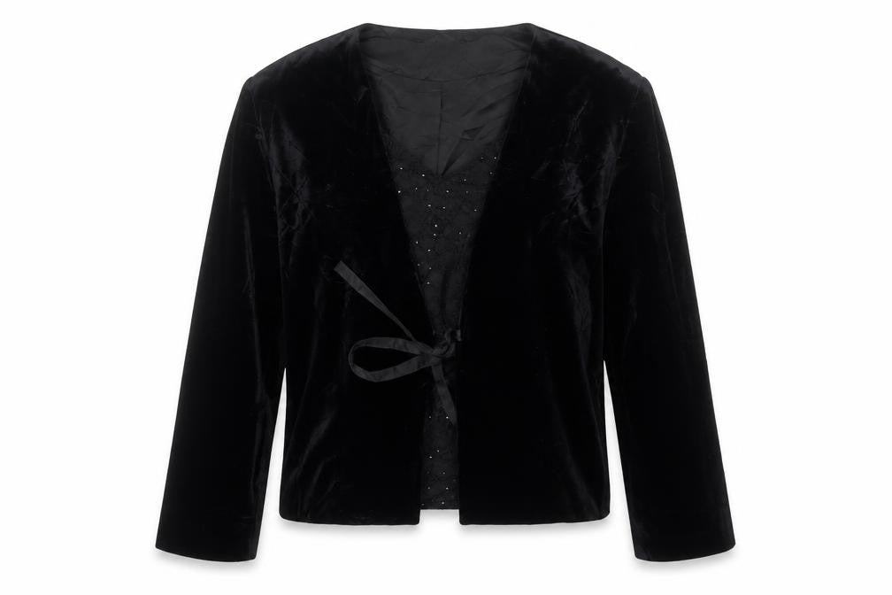 Front view of Eastex women’s black velvet wrap blouse, size UK 16, long sleeve