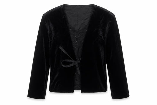 Front view of Eastex women’s black velvet wrap blouse, size UK 16, long sleeve