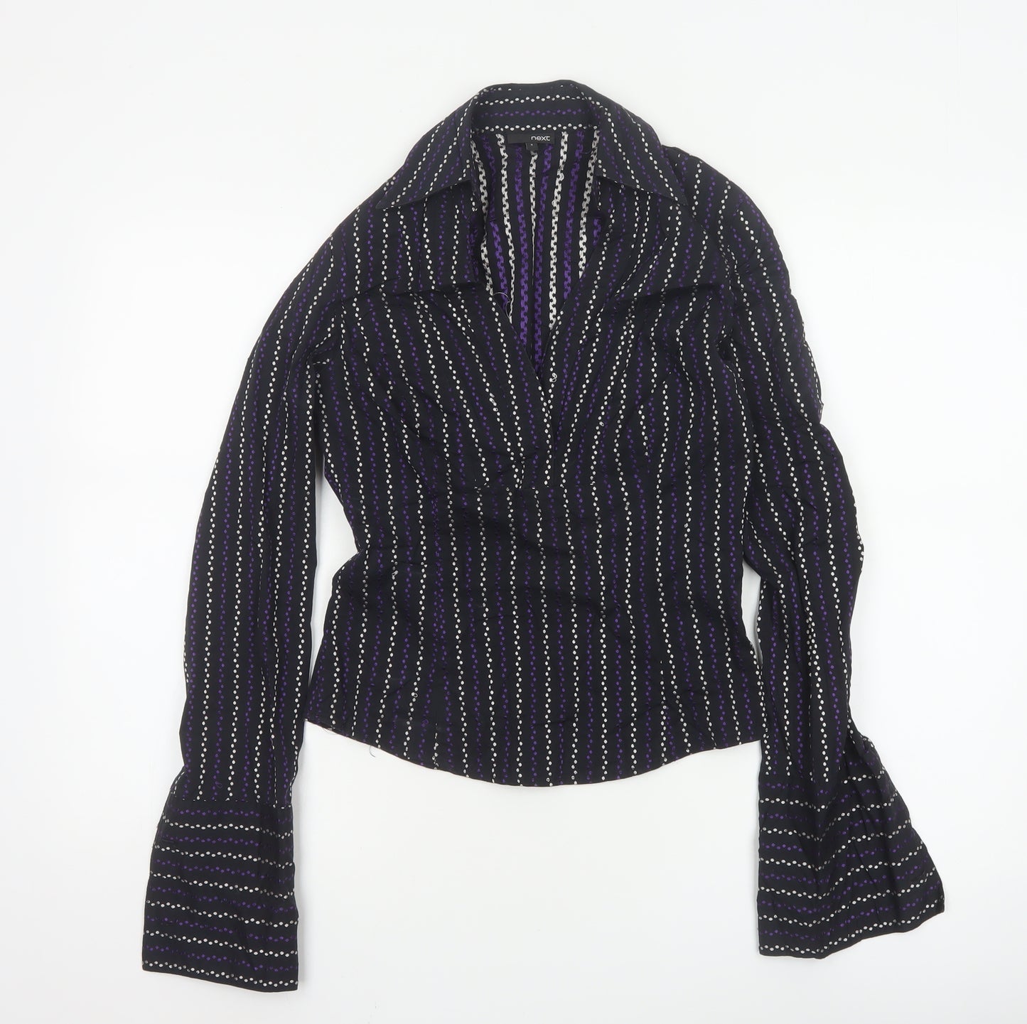 Next Women's Black Striped Collared Long Sleeve Blouse Size 8