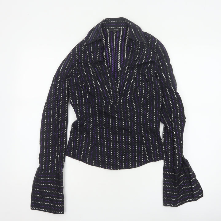 Next Women's Black Striped Collared Long Sleeve Blouse Size 8