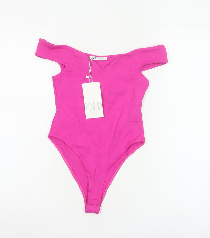 Zara Women Pink Off Shoulder Bodysuit Size S Polyamide Blend