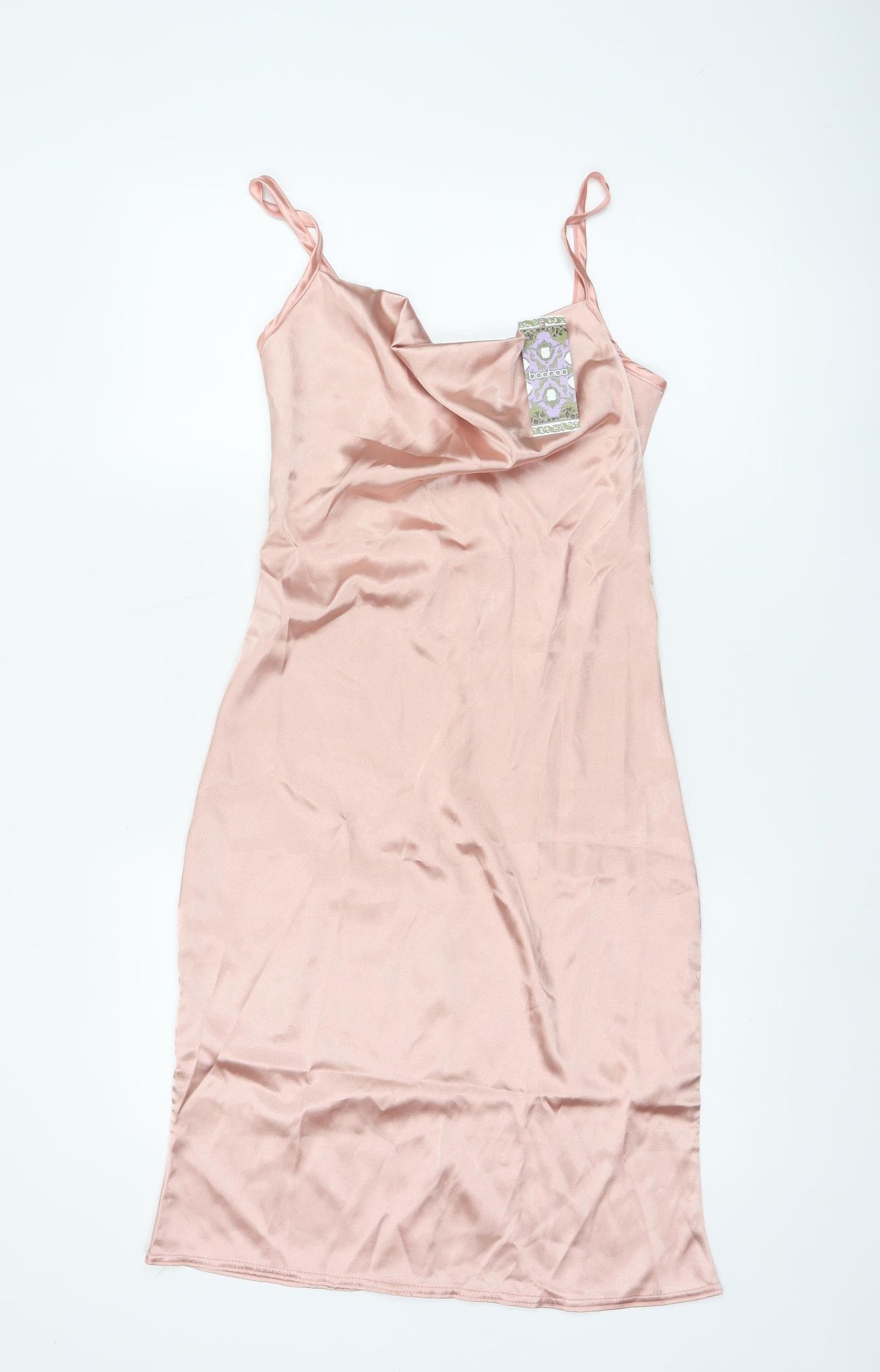 Boohoo Women's Pink Cowl Neck Satin Slip Dress Size 8