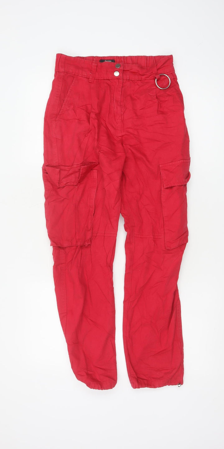Bershka Women's Red Cargo Trousers Size 8 Cotton Utility Style