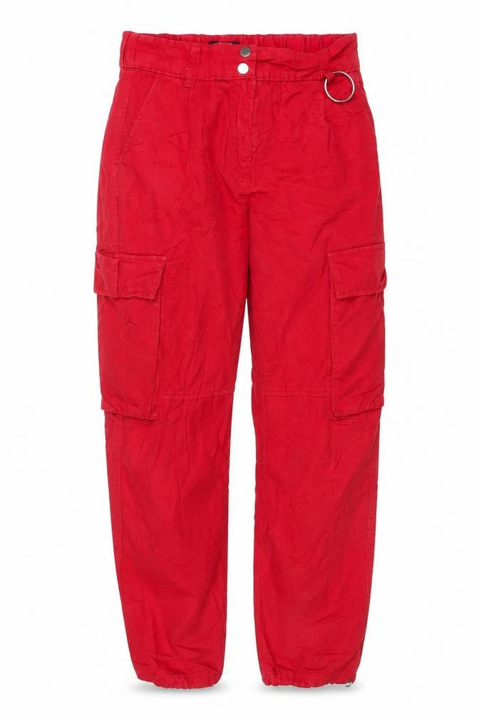 Front view of Bershka Women's Red Cargo Trousers, size 8, Cotton Utility Style