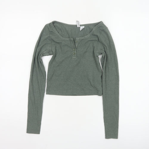 H&M Divided Women's Green XS Cropped Long Sleeve Button Top