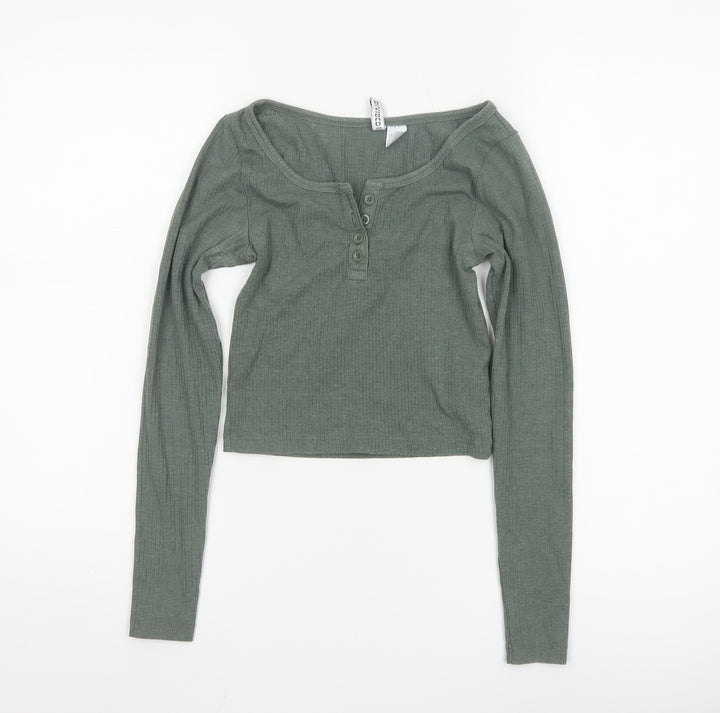 H&M Divided Women's Green XS Cropped Long Sleeve Button Top