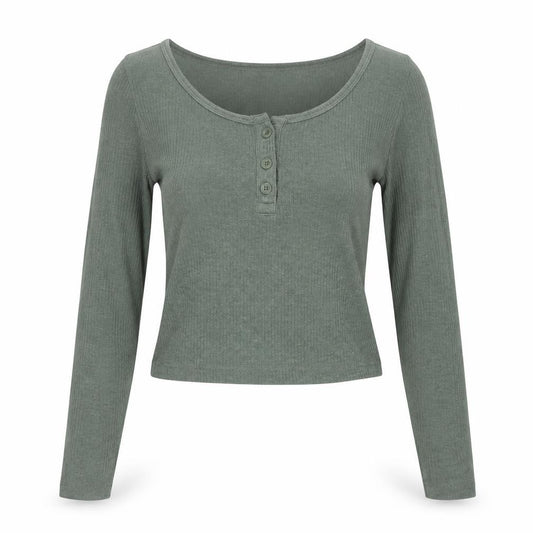 Front view of H&M Divided Women's Green XS Cropped Long Sleeve Button Top