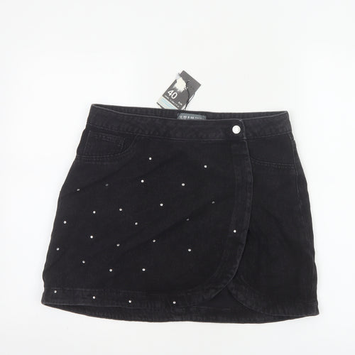 Primark Women's Black Denim Wrap Mini Skirt Size 12 Studded Casual